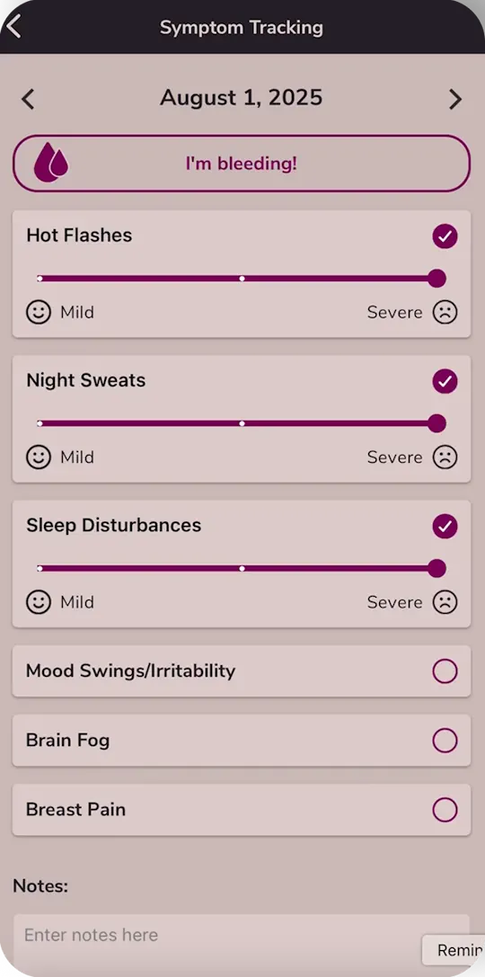 Menovation daily symptom tracking feature