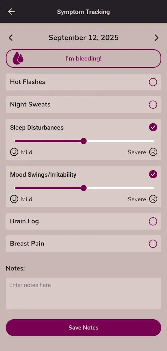 Menovation daily symptom tracking feature