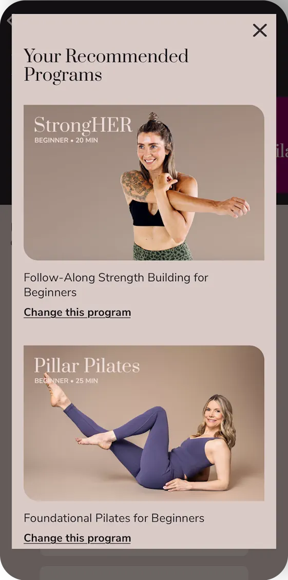 Menovation recommended routine programs feature