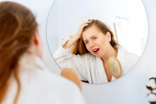 woman frustrated with hair in mirror
